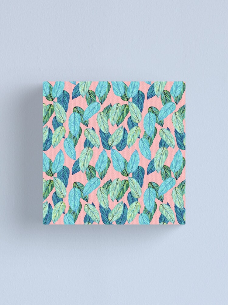 Alternate view of Tropical Leaves in Aqua and blue on coral Canvas Print