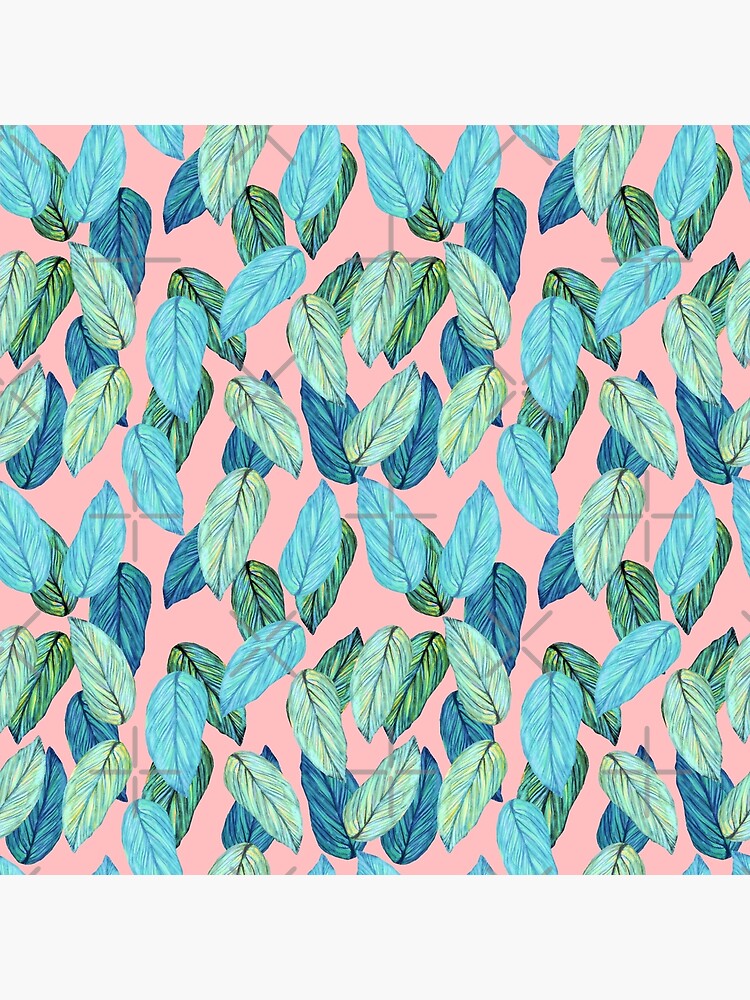 Tropical Leaves in Aqua and blue on coral by MagentaRose