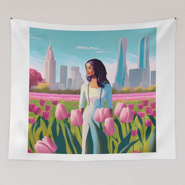 Item preview, Beautiful girl stands pink tulips fields designed and sold by simaso.
