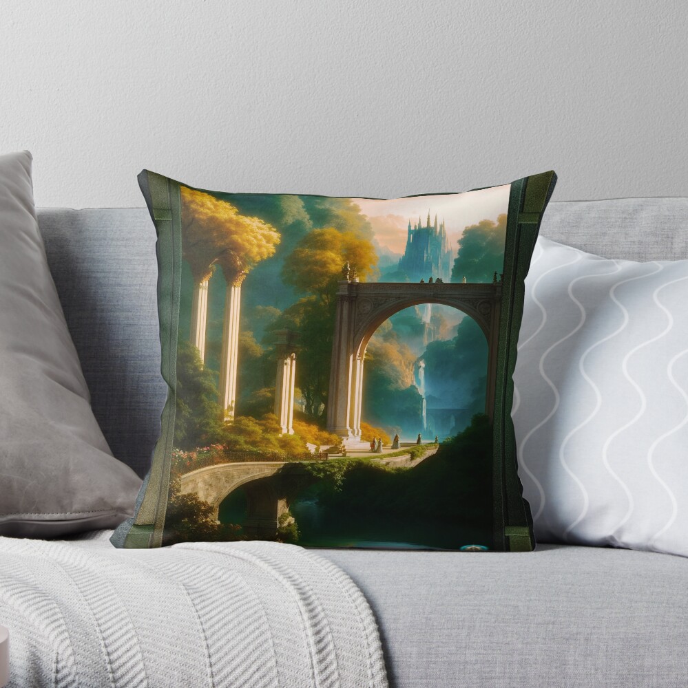 An Enchanting View Of Estora Park AI Concept Art by Xzendor7 - The Beauty Of Nature 3 An Enchanting View Of Estora Park Science Fiction AI Concept Art by Xzendor7 Decorative Throw Pillow