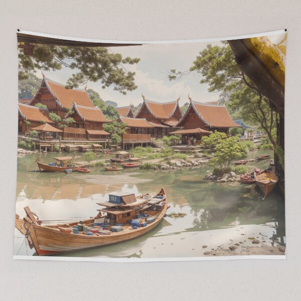 Item preview, Asian Village by The River With Boats designed and sold by amenwolf.