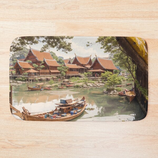 Item preview, Asian Village by The River With Boats designed and sold by amenwolf.