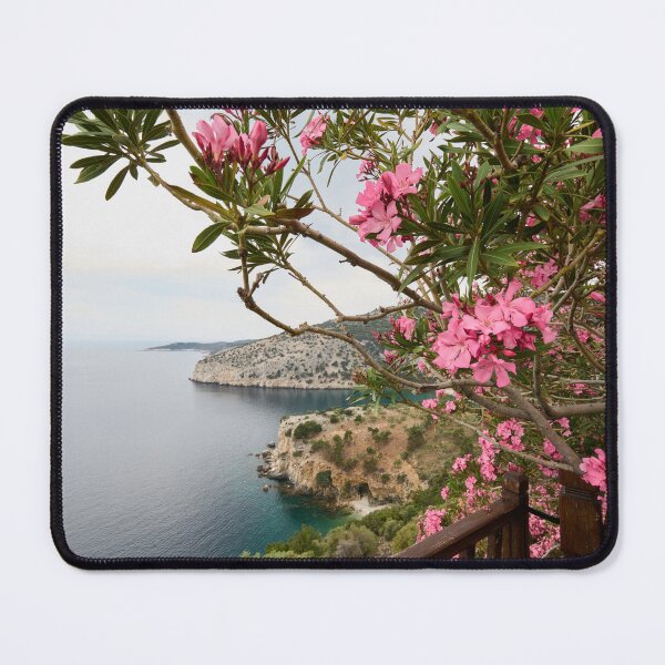 Item preview, Pink flowers and a view. Holy Monastery of the Archangel Michael. Thassos 2023 34 designed and sold by Jouko Lehto Photography.
