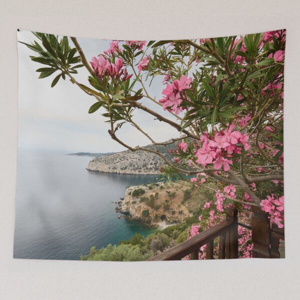 Item preview, Pink flowers and a view. Holy Monastery of the Archangel Michael. Thassos 2023 34 designed and sold by Jouko Lehto Photography.