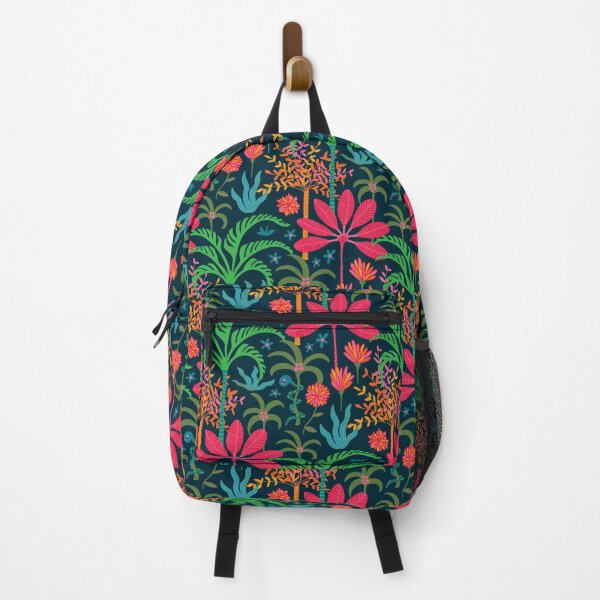 Item preview, DREAM Bohemian Tropical Paradise Palm Trees Exotic Floral Botanical Plants with Cute Snake in Bright Red Green Blue Orange Yellow on Dark Blue - UnBlink Studio by Jackie Tahara designed and sold by Jackie Tahara of UnBlink Studio.