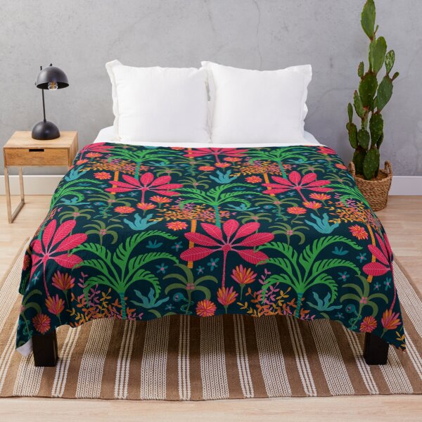 Item preview, DREAM Bohemian Tropical Paradise Palm Trees Exotic Floral Botanical Plants with Cute Snake in Bright Red Green Blue Orange Yellow on Dark Blue - UnBlink Studio by Jackie Tahara designed and sold by Jackie Tahara of UnBlink Studio.