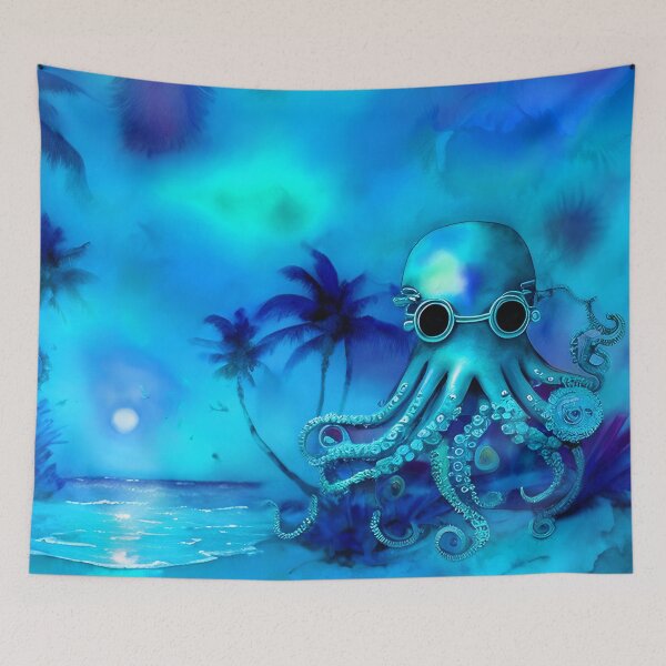 Item preview, Retro Futuristic Octopus - Blue Moonlight Beach Scene - AI Art 1 of 4 designed and sold by Beachy.