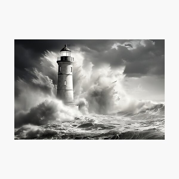 Item preview, Lighthouse in Stormy Seas - Black and White Landscape Photography designed and sold by BrushstrokesA.