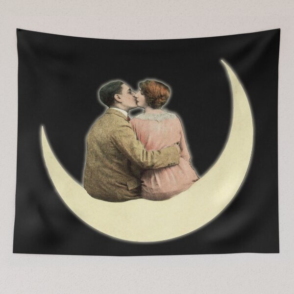 Item preview, HD. Couple kissing on the moon. Vintage paper moon portrait designed and sold by MINDTHECHERRY.