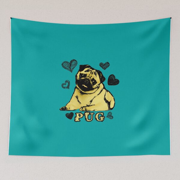 Item preview, Adorable Puppy Pug on teal with hearts designed and sold by k9printart.