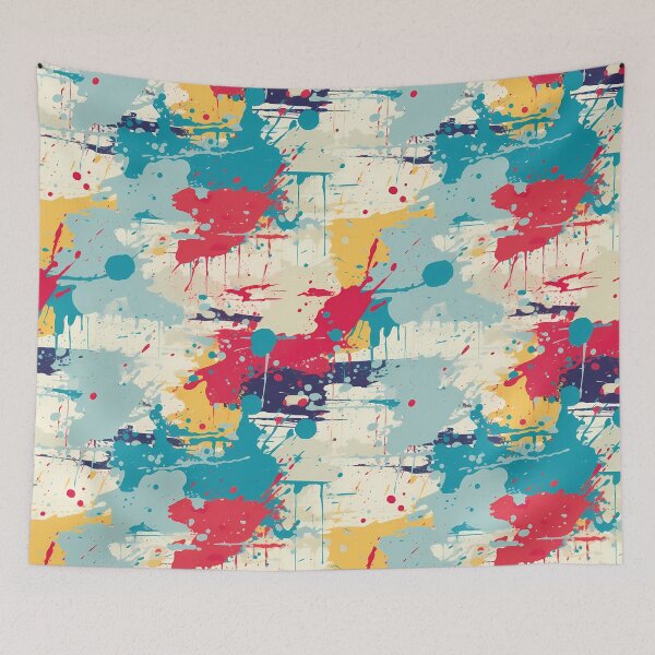 Item preview, Paint Splatter Pattern 1, beautiful accident repeated, happy accident, splashes and streaks of red, gold, and blue, beige background, abstract expressionist and wonderfully messy. designed and sold by FoxRobinRabbit.