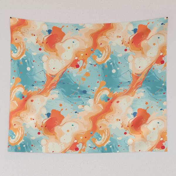 Item preview, Paint Splatter Pattern 2, like fiery explosions from twin suns, solar flare swirls, streaks of orange and white on a blue backdrop, abstract expressionist and wonderfully messy. designed and sold by FoxRobinRabbit.