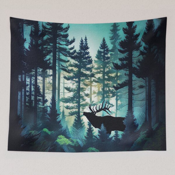Item preview, Bull Elk Silhouette In A Vivid Forest Lit By The Northern Lights designed and sold by Heathermarie321.