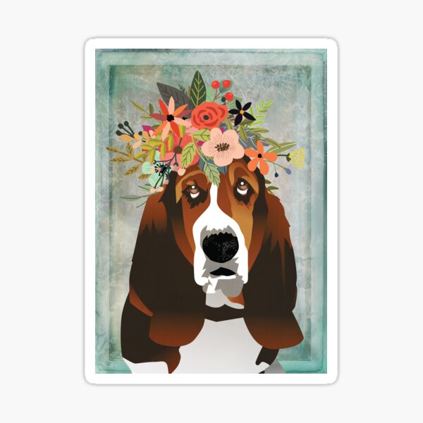 Basset Hound Wearing a Flower Crown Illustration Sticker