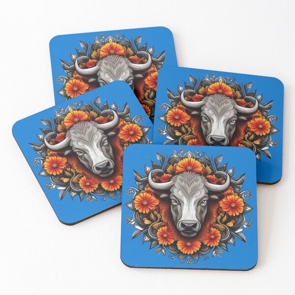 Item preview, Buffalo Surrounded By A Wreath Of Orange Flowers Tattoo Art designed and sold by taiche.