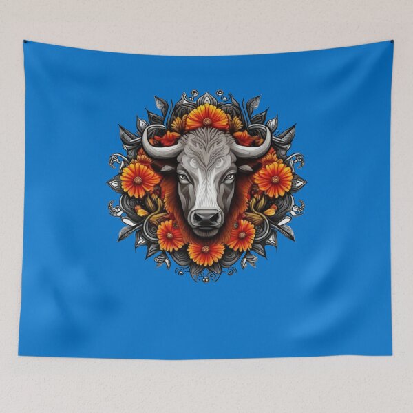 Item preview, Buffalo Surrounded By A Wreath Of Orange Flowers Tattoo Art designed and sold by taiche.