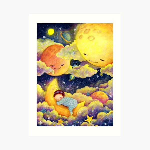 A baby sleeping in the moonlight Art Print