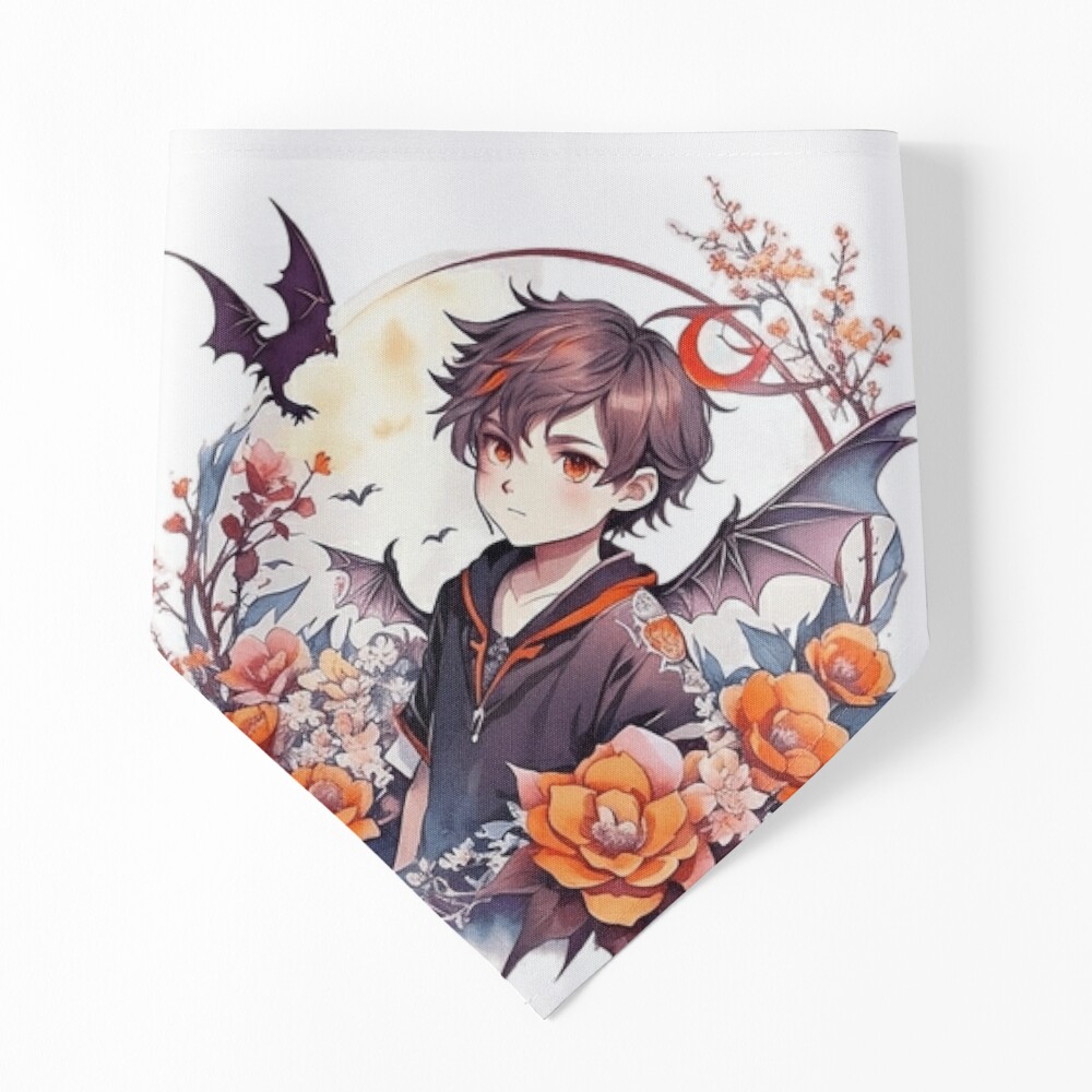 Nocturnal Elegance: Enchanting Anime Vampire Boy with Crimson Eyes, Bat,  and Moon