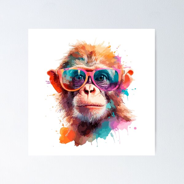 Thinking monkey - Colorful smart monkey painting, young art, colorful watercolors painting, monkey with glasses 2024 print, cool monkey