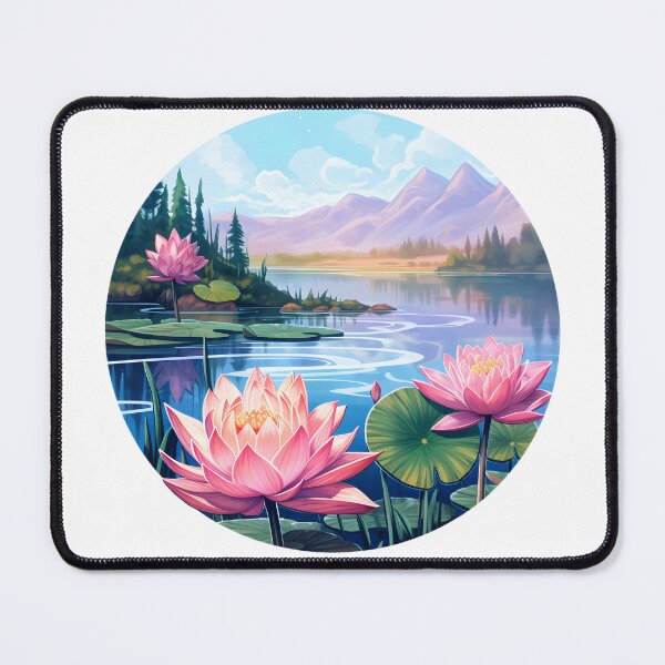 Item preview, Serene Reflections - Mountain Lake with Pink Water Plants designed and sold by UrsaStick.