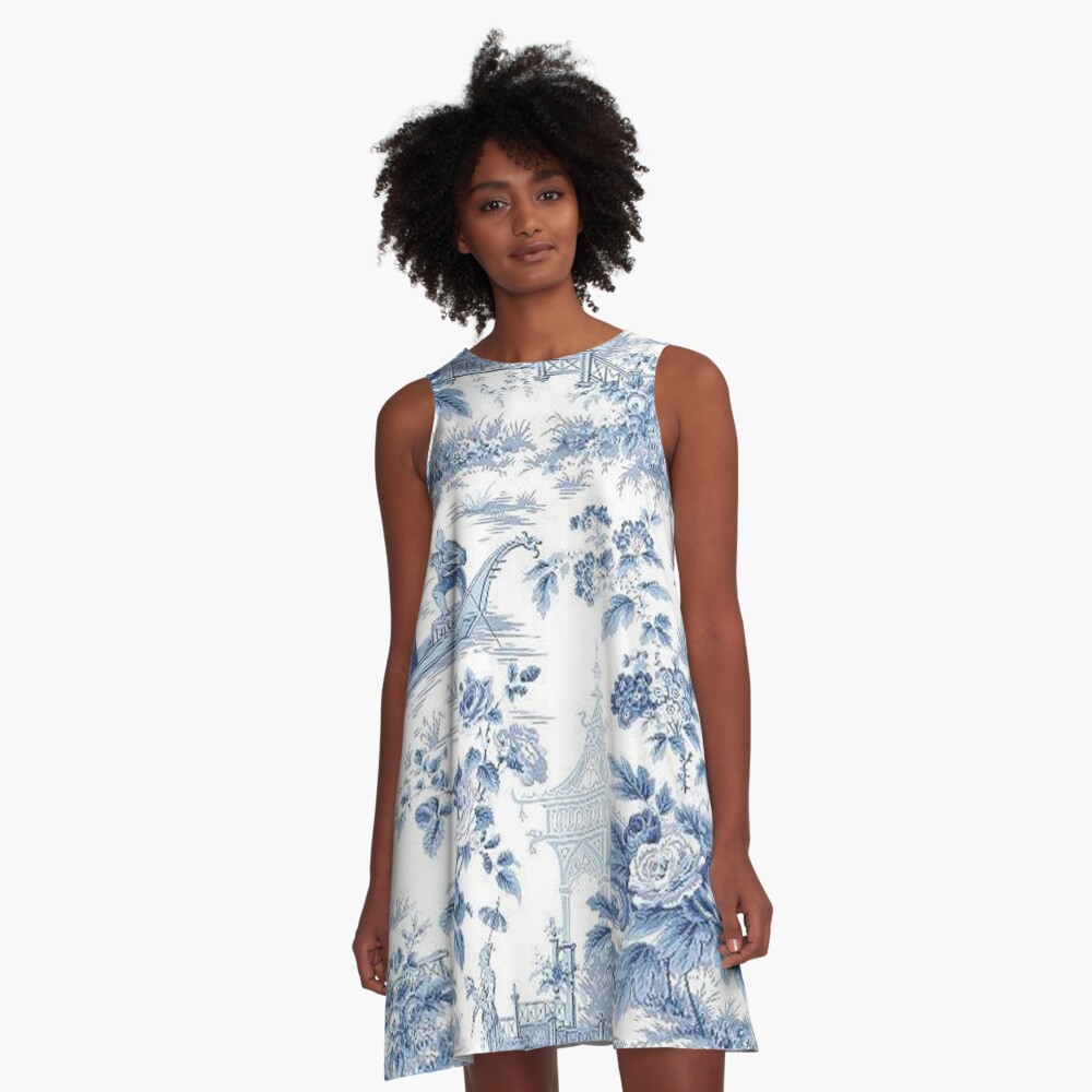 Powder Blue Chinoiserie Toile A-Line Dress