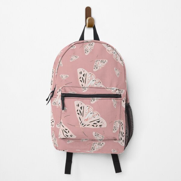 Pink and White Tiger Moth Pattern on Dusty Rose Background Backpack