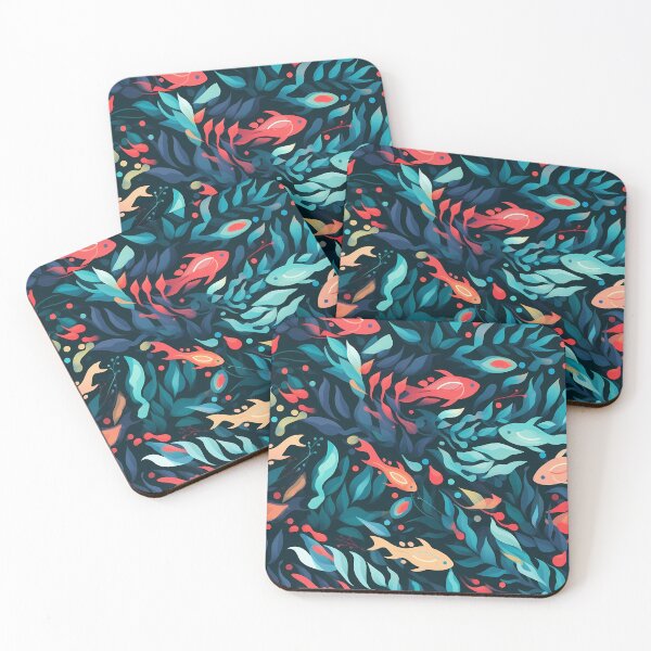Item preview, Ocean Was Life 13, bright colorful fish like neon lights among coral and kelp, high contrast, deep underwater, red, blue, orange, black, aquatic and nature. designed and sold by FoxRobinRabbit.