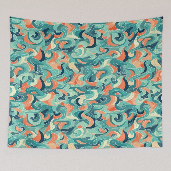 Item preview, Ocean Was Life 16, overlapping abstract waves, like goldfish beneath the surface, teal, orange, white, aquatic and nature. designed and sold by FoxRobinRabbit.