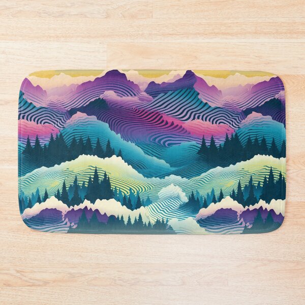 Item preview, Mountain Wave Frequency Pattern 15, purple hills rising from a forest, pale chartreuse valley, blue early morning fog, Walden might like it here, abstract landscape beauty. designed and sold by FoxRobinRabbit.