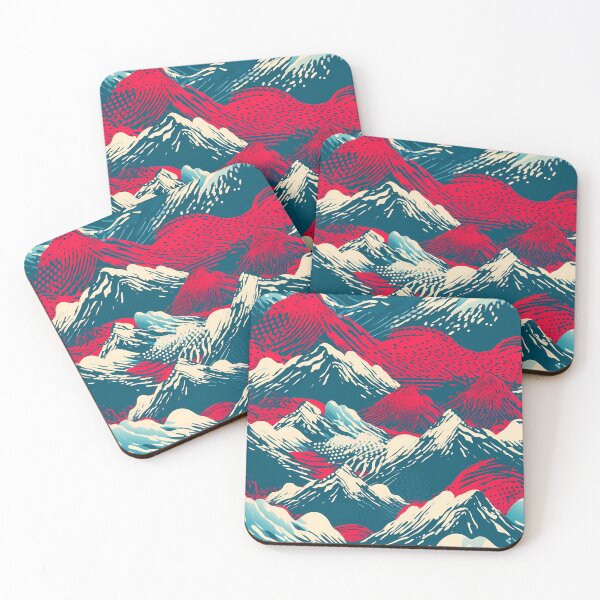 Item preview, Mountain Wave Frequency Pattern 16, woodcut style print illustration of snowy mountains, clouds, and lava, blue, white, red, black, beautiful fantasy landscape. designed and sold by FoxRobinRabbit.