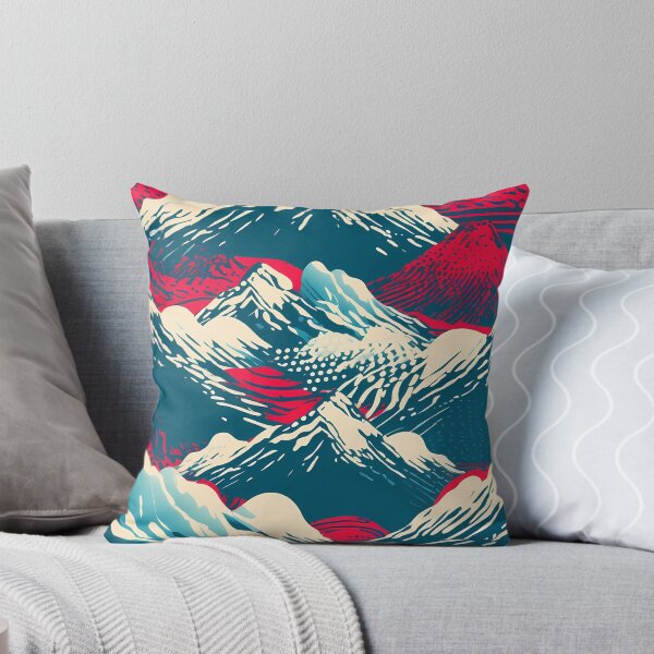 Item preview, Mountain Wave Frequency Pattern 16, woodcut style print illustration of snowy mountains, clouds, and lava, blue, white, red, black, beautiful fantasy landscape. designed and sold by FoxRobinRabbit.