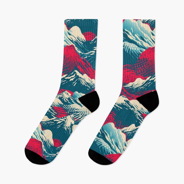 Item preview, Mountain Wave Frequency Pattern 16, woodcut style print illustration of snowy mountains, clouds, and lava, blue, white, red, black, beautiful fantasy landscape. designed and sold by FoxRobinRabbit.