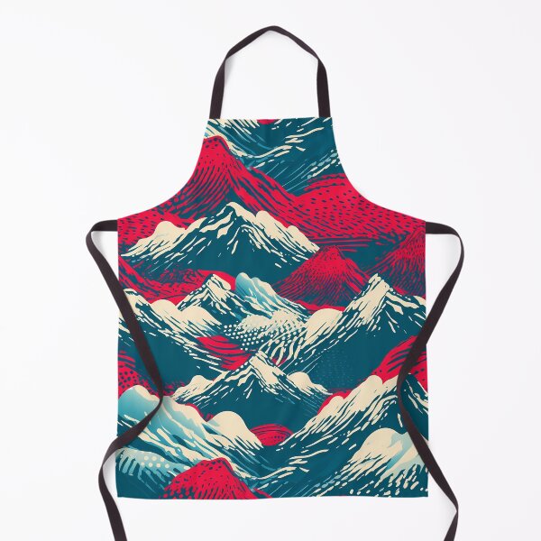Item preview, Mountain Wave Frequency Pattern 16, woodcut style print illustration of snowy mountains, clouds, and lava, blue, white, red, black, beautiful fantasy landscape. designed and sold by FoxRobinRabbit.