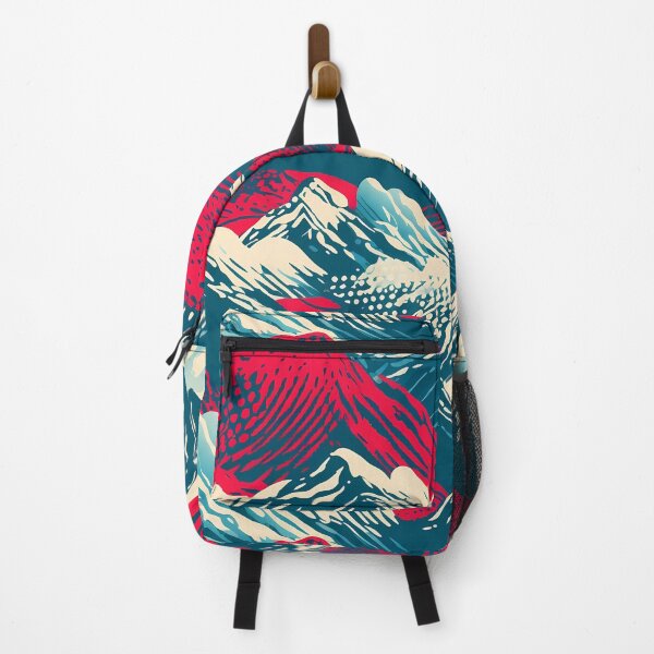 Item preview, Mountain Wave Frequency Pattern 16, woodcut style print illustration of snowy mountains, clouds, and lava, blue, white, red, black, beautiful fantasy landscape. designed and sold by FoxRobinRabbit.