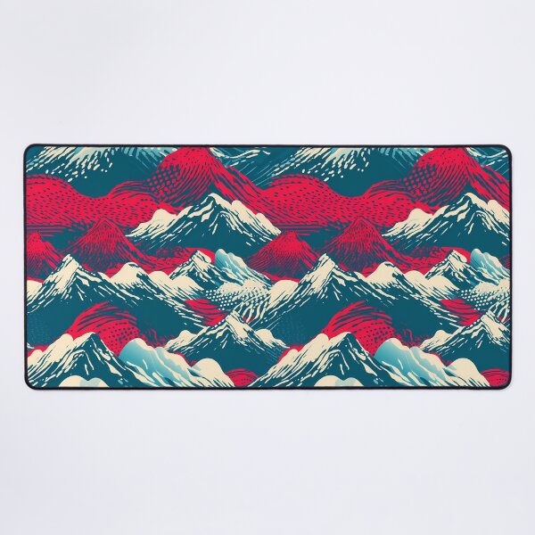 Item preview, Mountain Wave Frequency Pattern 16, woodcut style print illustration of snowy mountains, clouds, and lava, blue, white, red, black, beautiful fantasy landscape. designed and sold by FoxRobinRabbit.