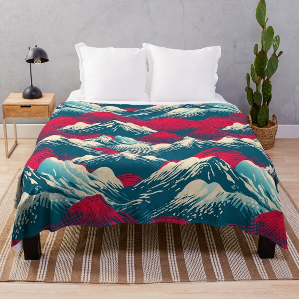 Item preview, Mountain Wave Frequency Pattern 16, woodcut style print illustration of snowy mountains, clouds, and lava, blue, white, red, black, beautiful fantasy landscape. designed and sold by FoxRobinRabbit.