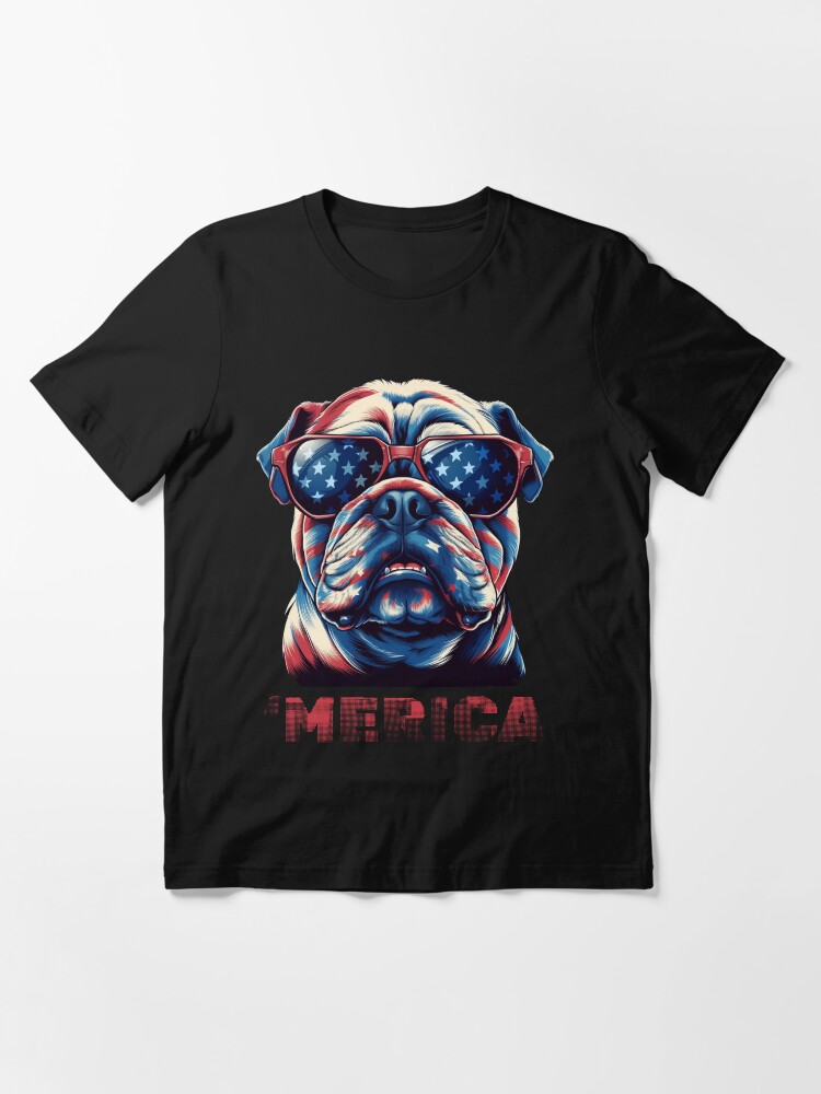 Patriotic English Bulldog with American Flag | Essential T-Shirt