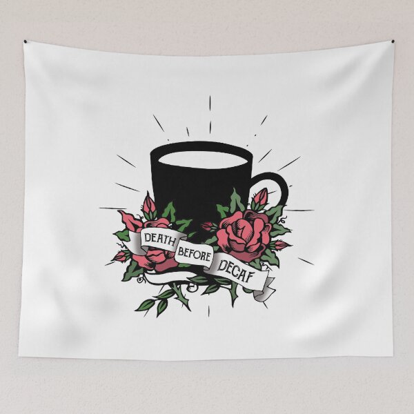 Item preview, Death before decaf, coffee cup, roses, coffee, caffeine designed and sold by SouthPrints.