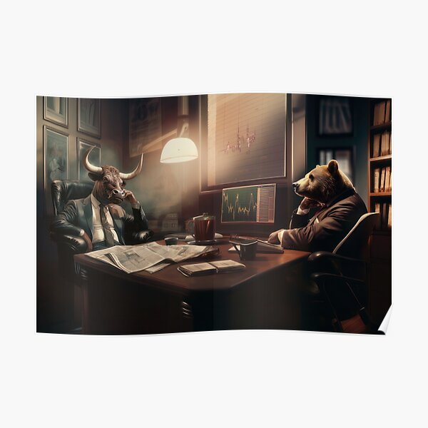 Bull and Bear in a meeting, Wall Street Art Poster
