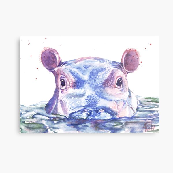 Happy Hippo Watercolor Painting Metal Print
