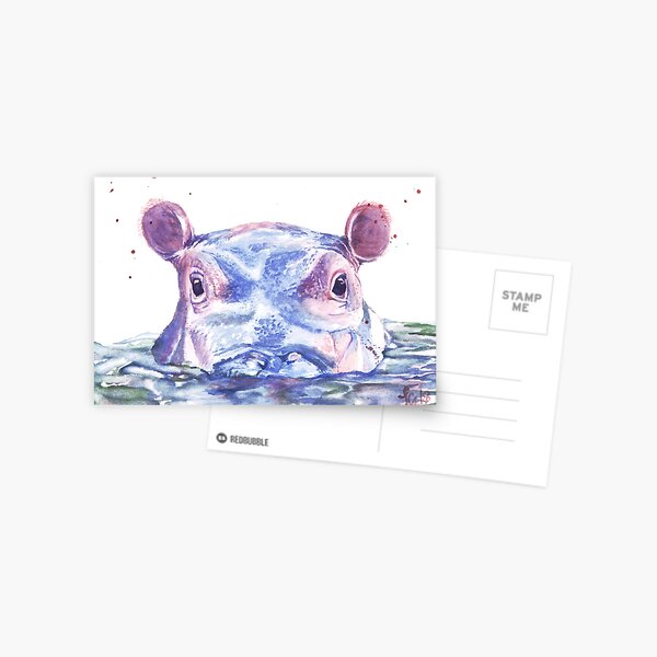 Happy Hippo Watercolor Painting Postcard
