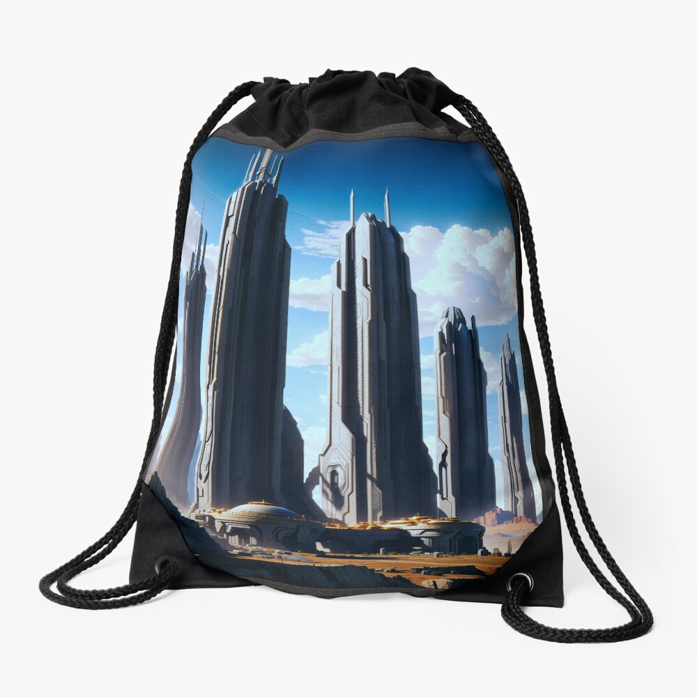 The City Of Quenthian Science Fiction AI Concept Art by Xzendor7 Decorative Drawstring Bag