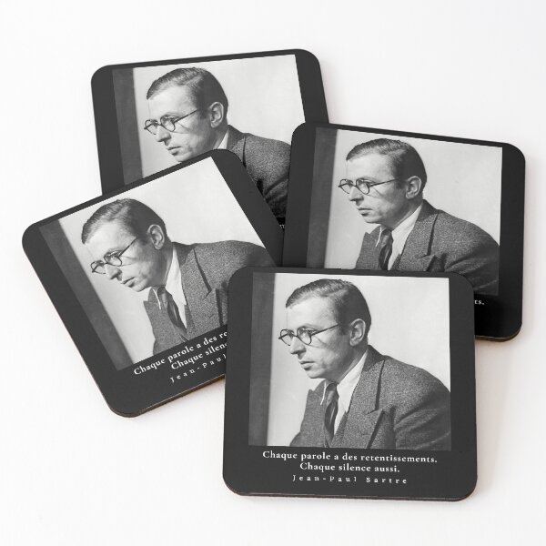 Item preview, Sartre portrait and  quote: Chaque parole a des retentissements. Chaque silence aussi. designed and sold by artbleed.
