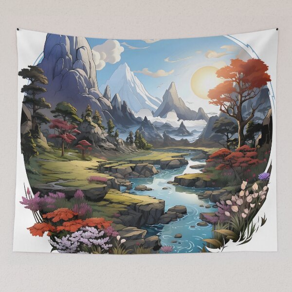 Item preview, A vibrant mountain landscape with a flowing river, framed by a large round window and adorned with a fantasy art sticker, captures the essence of a springtime morning. designed and sold by artumbre.