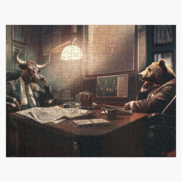 Item preview, Bull and Bear in a meeting, Wall Street Art designed and sold by CheekyEasel.