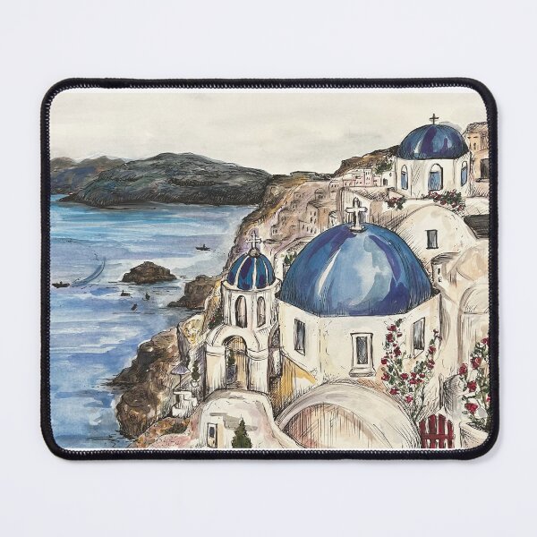 Item preview, Santorini Greece original watercolor painting art Mykonos Greek island sticker, bag, shirt, myg designed and sold by Paintingladycat.