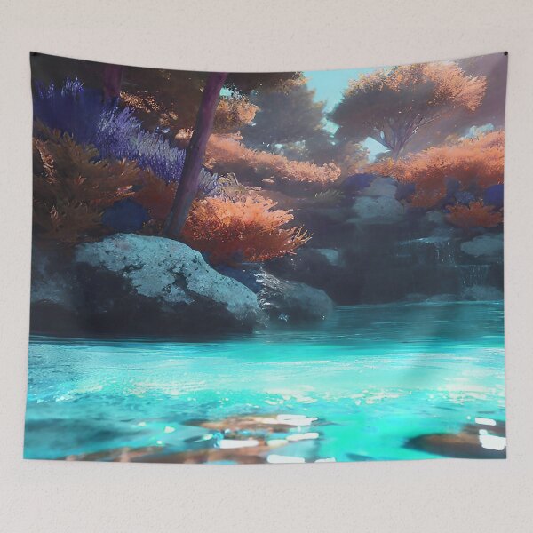 Item preview, Landscape Pond and Trees Blue water and Muted Orange designed and sold by deniselynnimage.