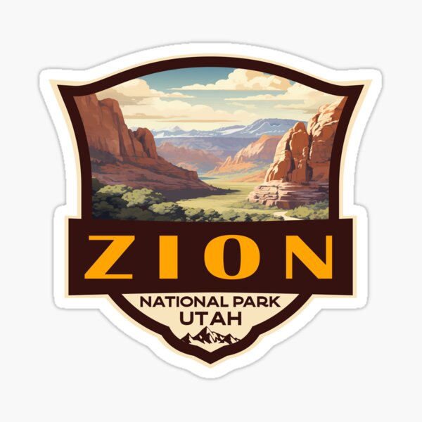 Vista previa del artículo con la obra «Insignia retro con ilustración del Parque Nacional Zion», diseñado y vendido por KrisSidDesigns.