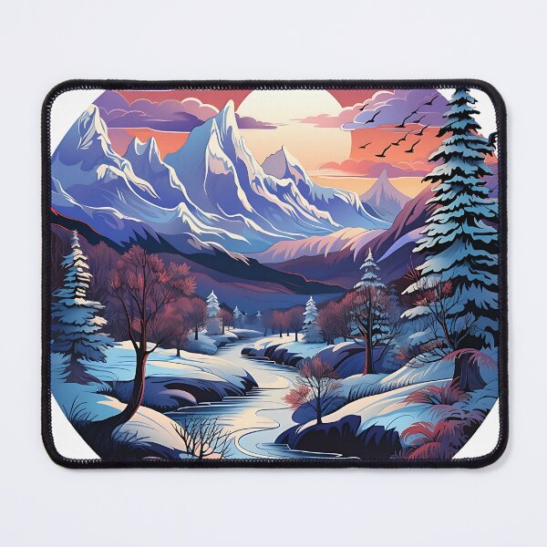 Item preview, a painting of a mountain scene with a river in the foreground, a vector artwith jungian symbols of winter, round window designed and sold by artumbre.