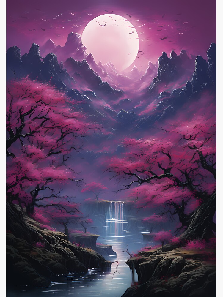 Aetherclockpunk Serenity: Moonlit Waterfall and Colorful Scenery